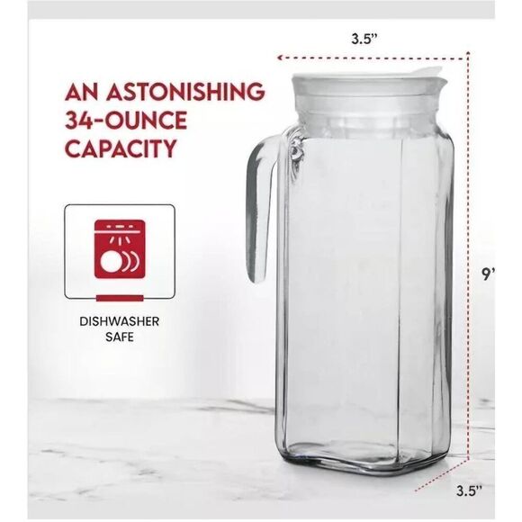 Home Italian Igloo Quadra Glass Pitcher with Lid and Spout 34 Oz Clear Glass Wat - Picture 2 of 2